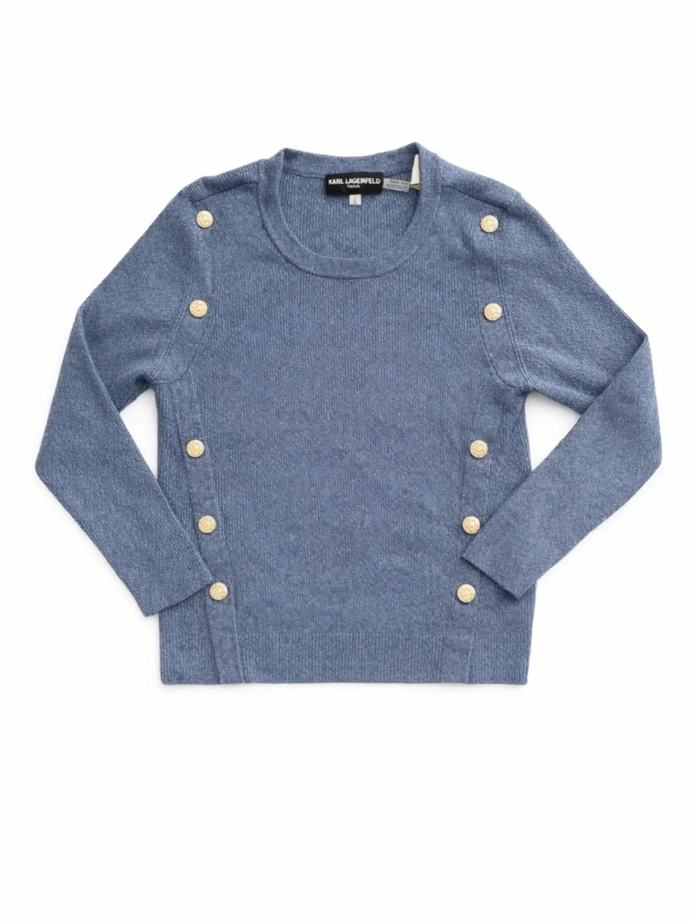 Karl Lagerfeld Paris Blue Knit Sweater Gold Button Chic Designer Size L
